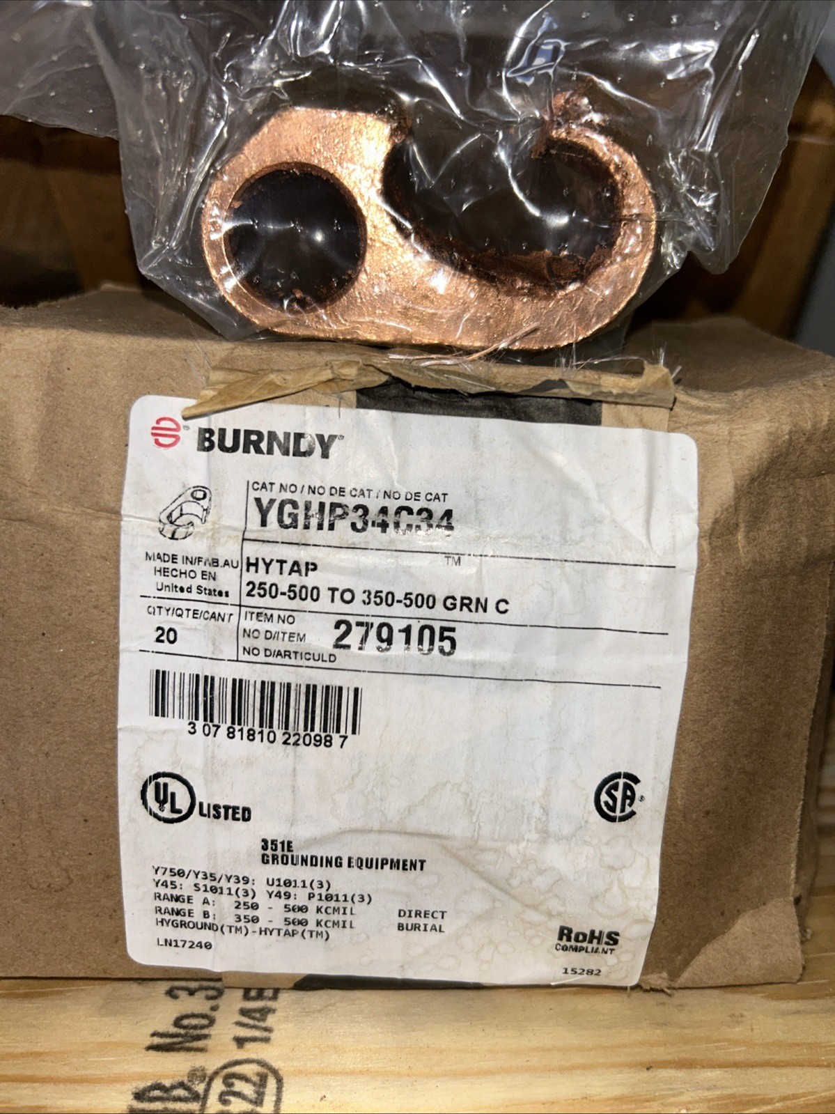 (1) Burndy YGHP34C34 HYTAP 250-500 to 350-500 GRN C GROUNDING CONDUCTOR (1) Burndy YGHP34C34 HYTAP 250-500 to 350-500 GRN C GROUNDING CONDUCTOR