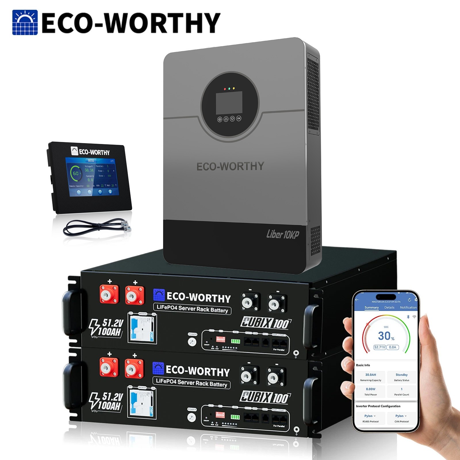ECO-WORTHY 10.24kWh 2Pack 48V 100Ah Battery+10KW 48V Solar Inverter For Home