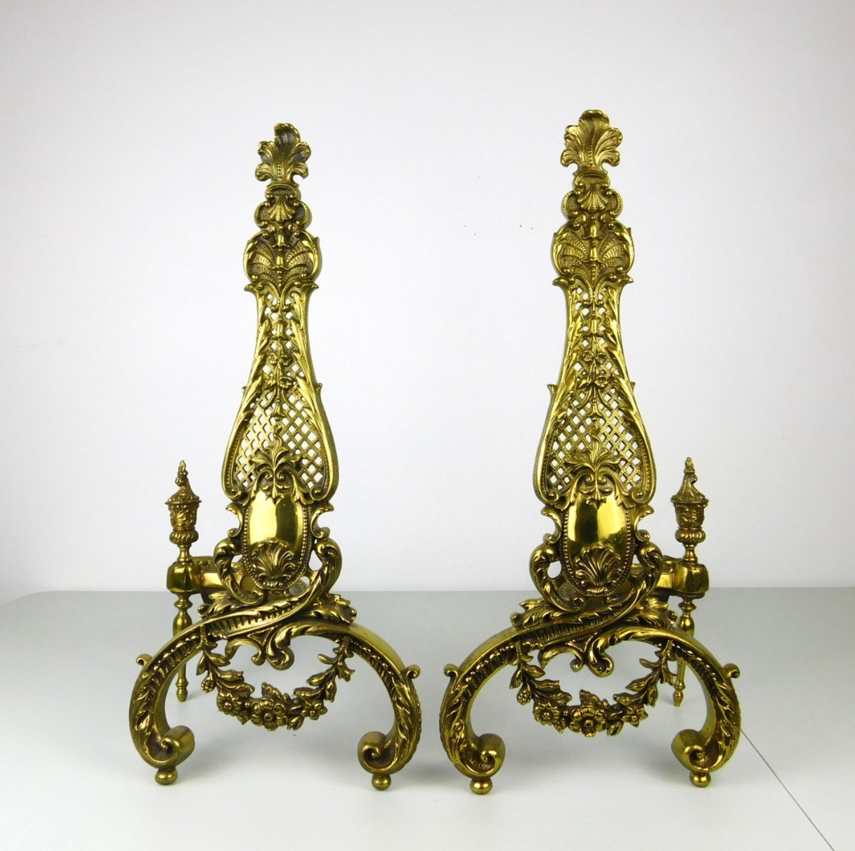 Pair of Vintage French Rococo Style Brass Fireplace Andirons