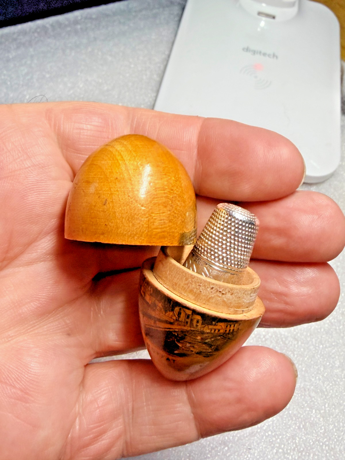 Victorian Treen Mauchline Ware Thread / Thimble Holder - Egg Shape - Moffat