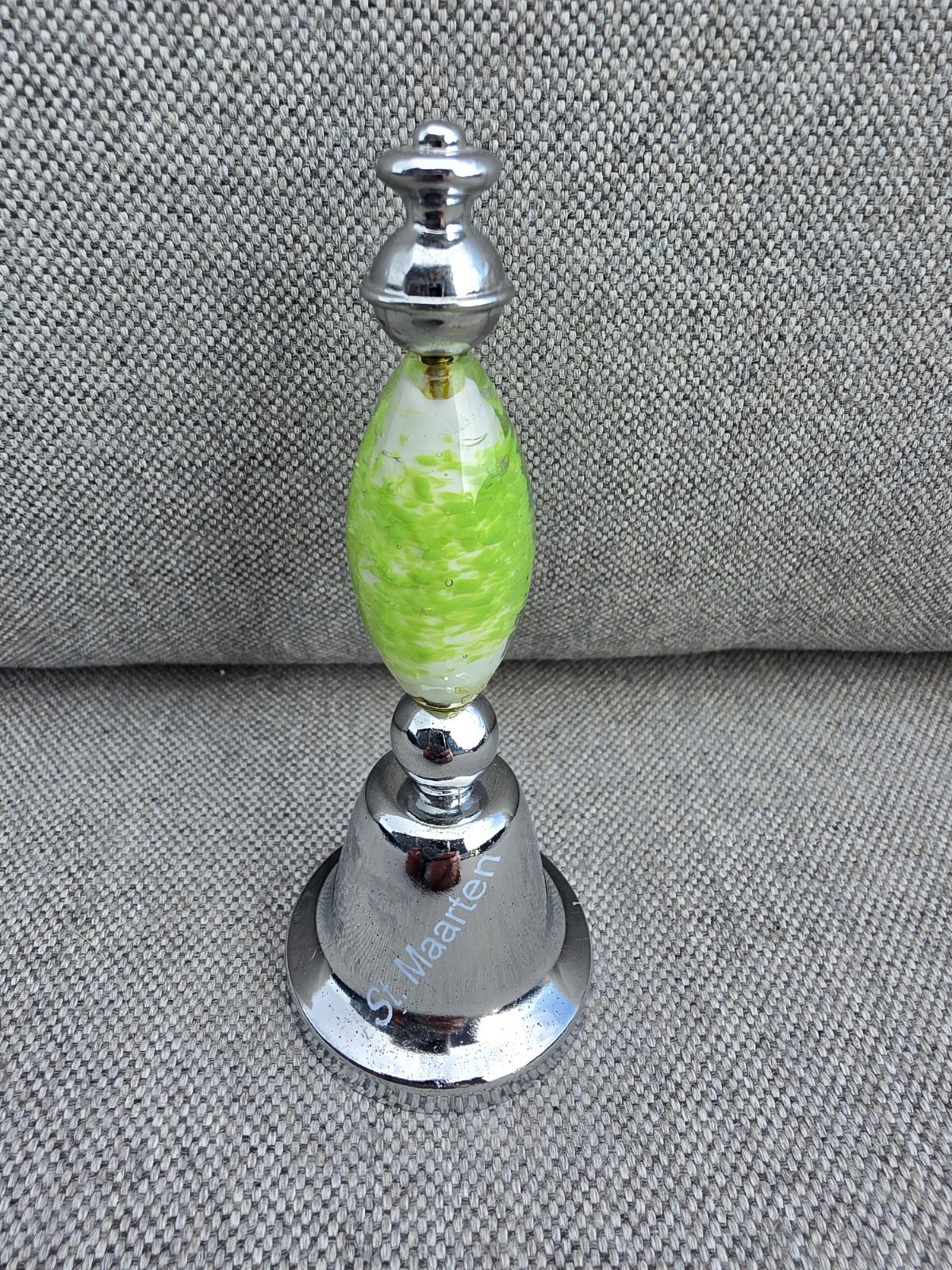 VINTAGE St Maarten Souvenir Dinner Bell with Lime Green Art Glass Handle 4.5\