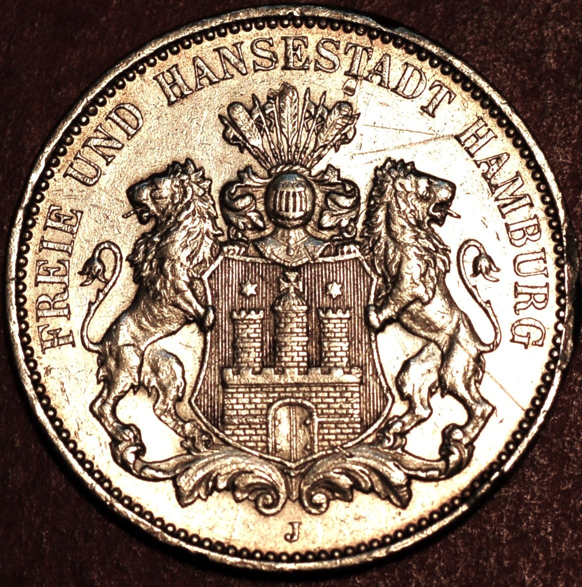 1913 J German States HAMBURG 3 Mark KM# 620 1913 J German States HAMBURG 3 Mark KM# 620