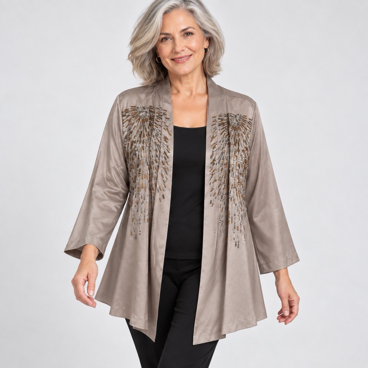 Chicos 2 Satin Beaded Sunrise Jacket Large Cinder Gray open front Kimono NWT Chicos 2 Satin Beaded Sunrise Jacket Large Cinder Gray open front Kimono NWT