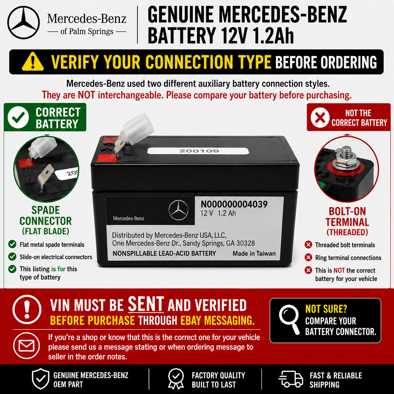 Mercedes-Benz Auxiliary Backup Battery 000000004039  (FLAT SPADE) *VIN REQUIRED*