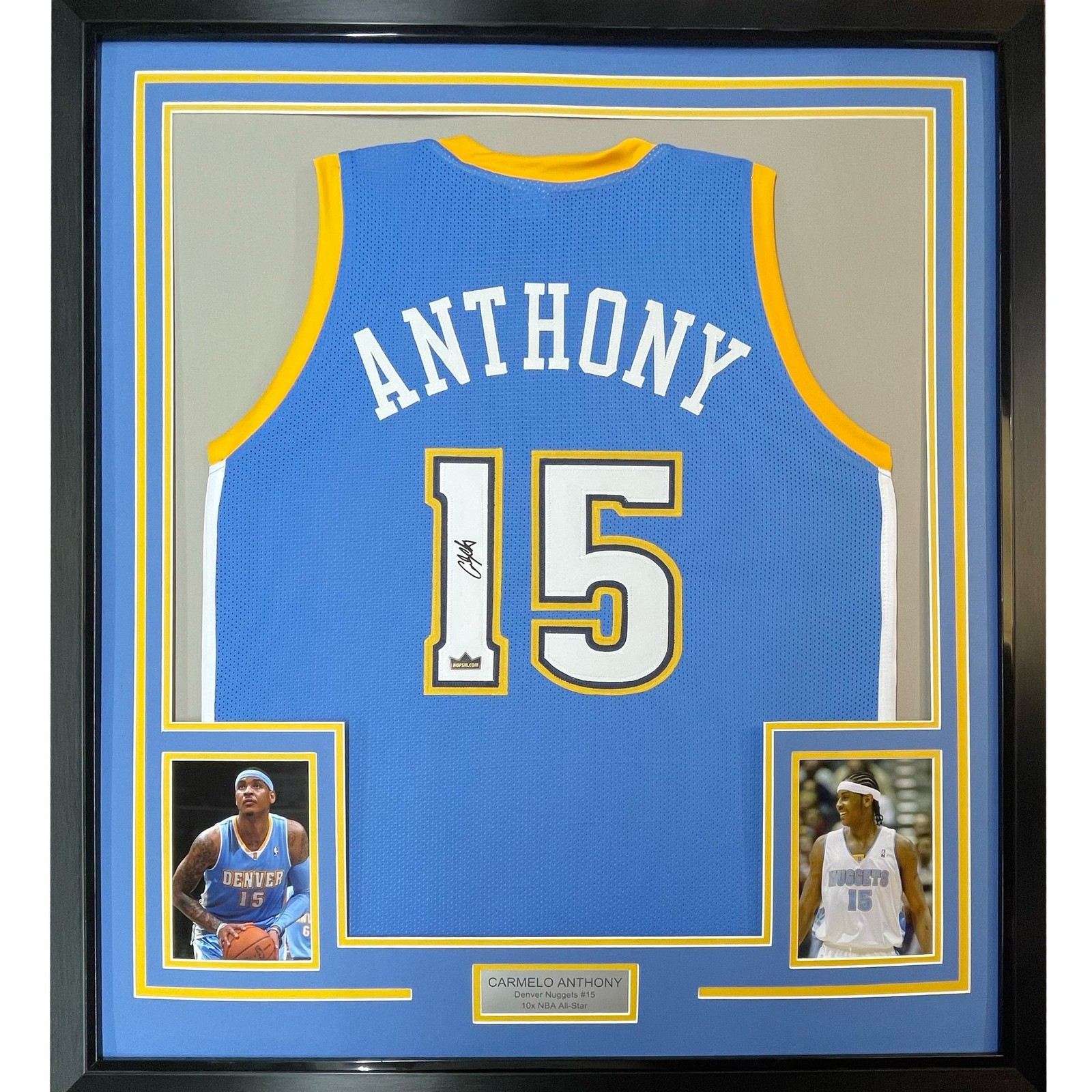 Framed Facsimile Autographed Carmelo Anthony 35x39 Blue Reprint Jersey