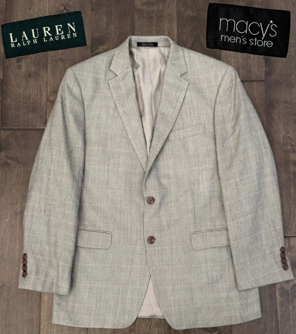 Ralph Lauren Mens Grey Wool Silk Windowpane Notch Blazer Suit Jacket 40R