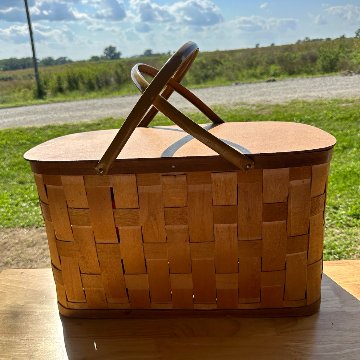 Vintage Peterboro Basket Co Large Wood Splint Picnic Basket Hinged Lid 20