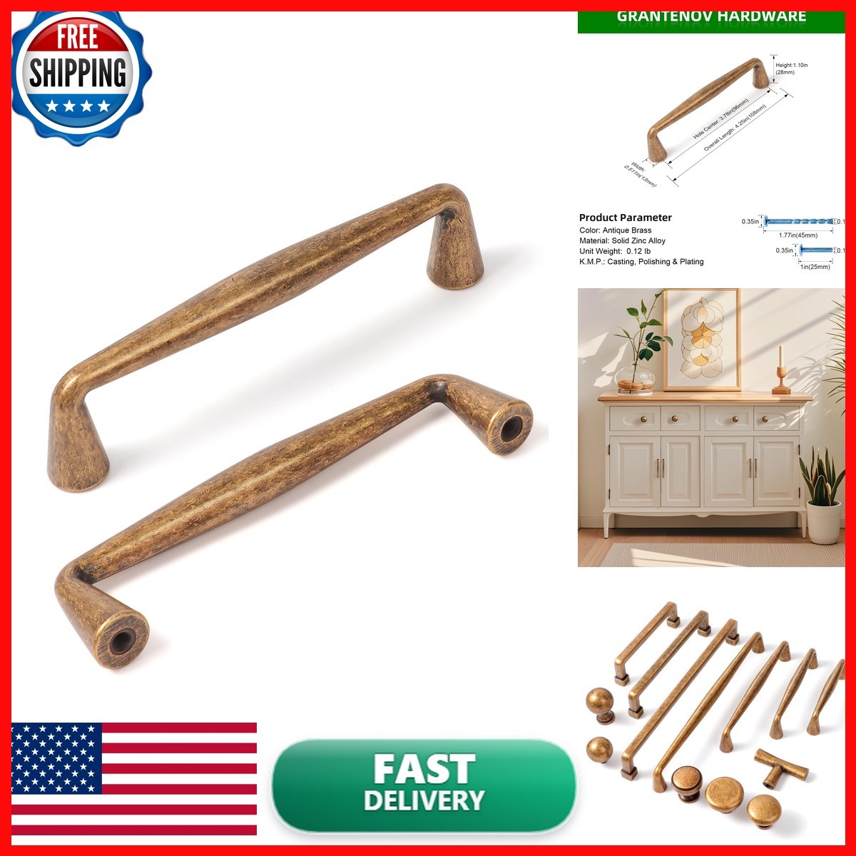 GRANTENOV 10 Pack 3-3/4 Inch Hole Center Antique Brass Cabinet Pulls Vintage GRANTENOV 10 Pack 3-3/4 Inch Hole Center Antique Brass Cabinet Pulls Vintage