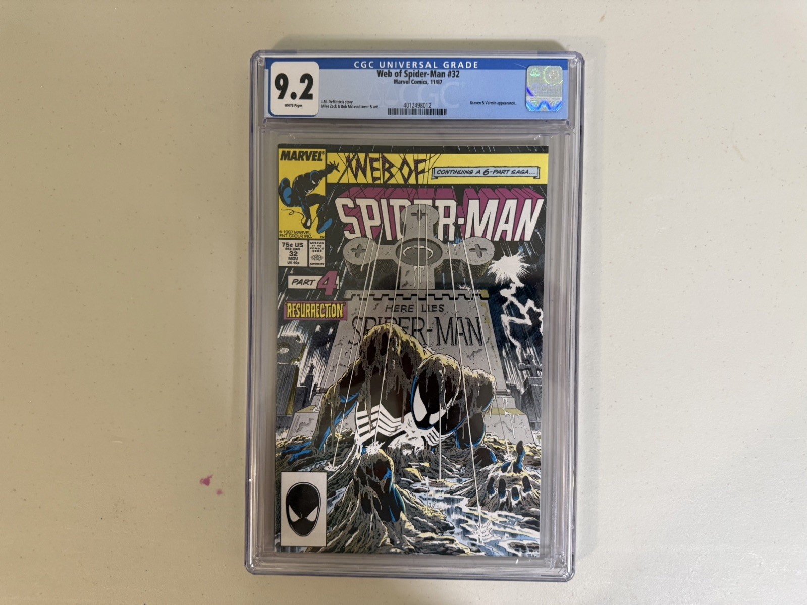 Marvel Web of Spider-Man 32 CGC 9.2 Direct Edition Kraven's Last Hunt Key Issue Marvel Web of Spider-Man 32 CGC 9.2 Direct Edition Kraven's Last Hunt Key Issue