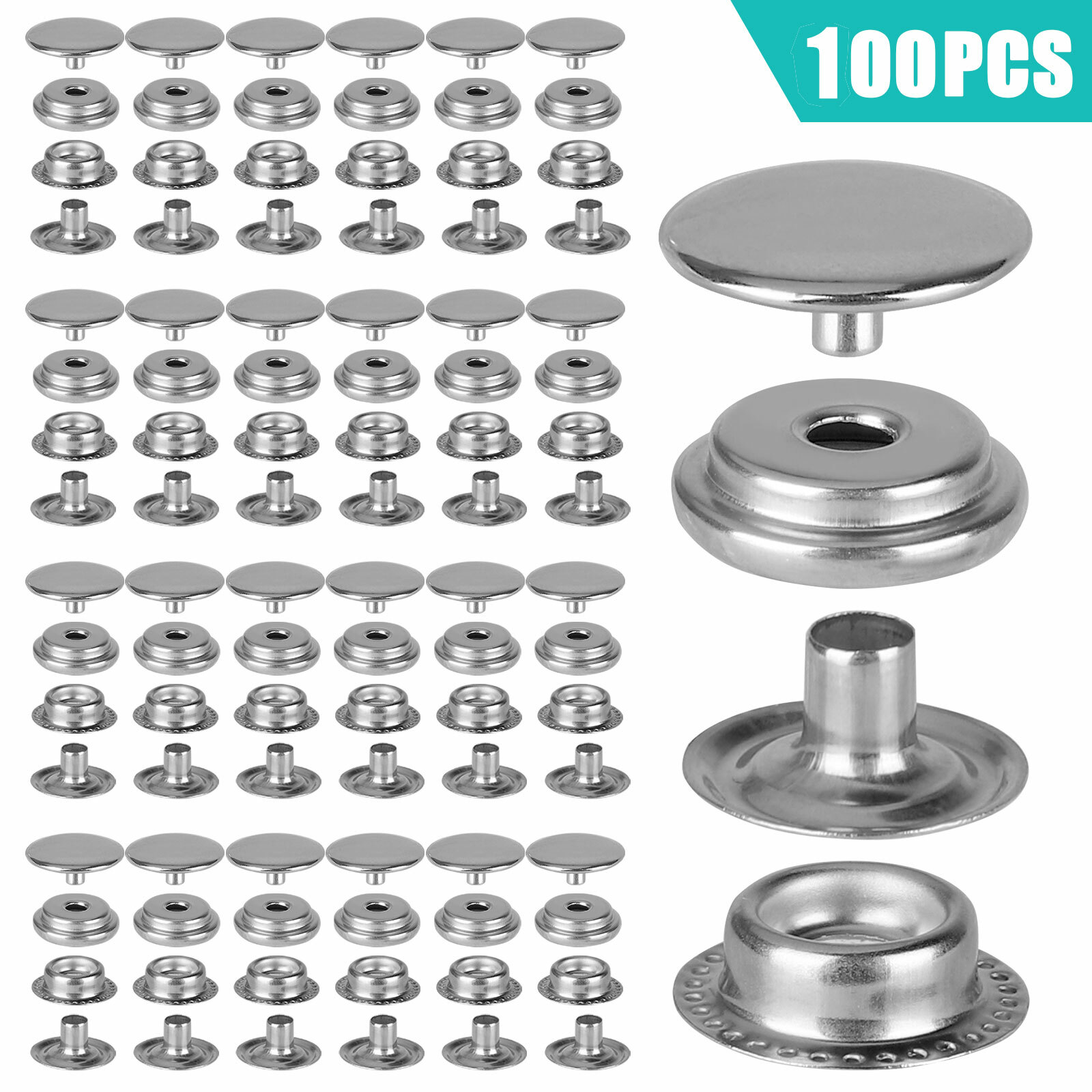 100Pcs Metal Heavy Duty Fastener Snap Press Stud Cap Button Base Kit Marine Boat 100Pcs Metal Heavy Duty Fastener Snap Press Stud Cap Button Base Kit Marine Boat