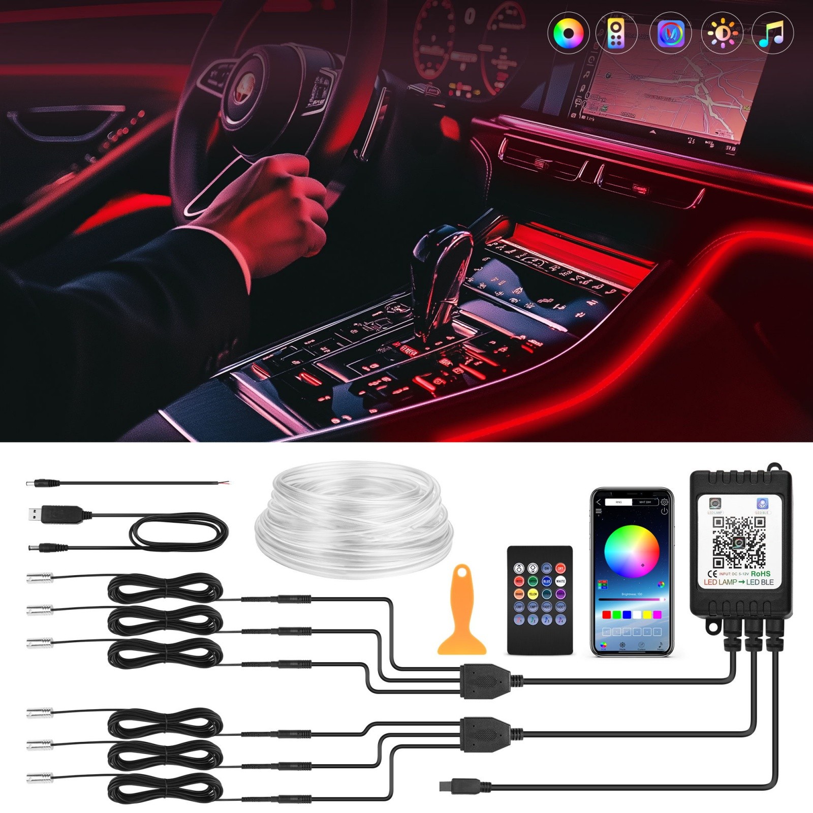 6/8/10 RGB LED Car Interior Strip Lights Atmosphere Neon Ambient Lighting Kits