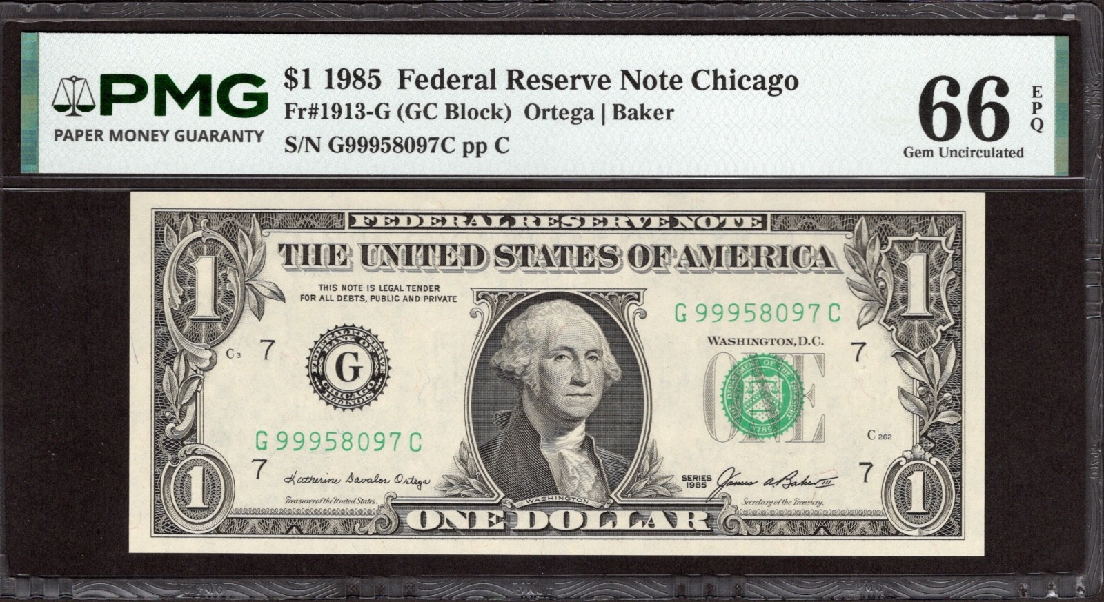 1985 $1 CHICAGO FRN. PMG GEM Uncirculated 66 EPQ SHEET Banknote. G/C Block. 1985 $1 CHICAGO FRN. PMG GEM Uncirculated 66 EPQ SHEET Banknote. G/C Block.