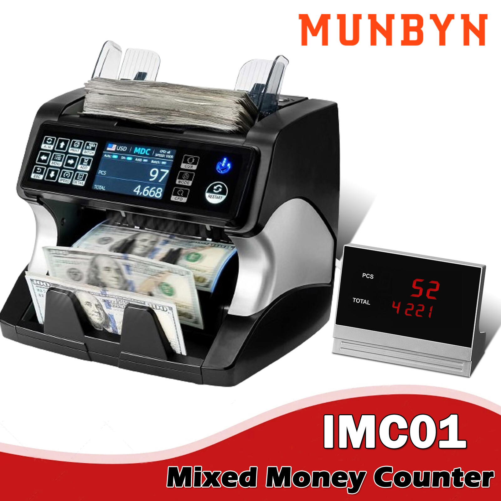 MUNBYN Bank Grade Mixed Money Counter Counterfeit Detection Bill Value Counter MUNBYN Bank Grade Mixed Money Counter Counterfeit Detection Bill Value Counter