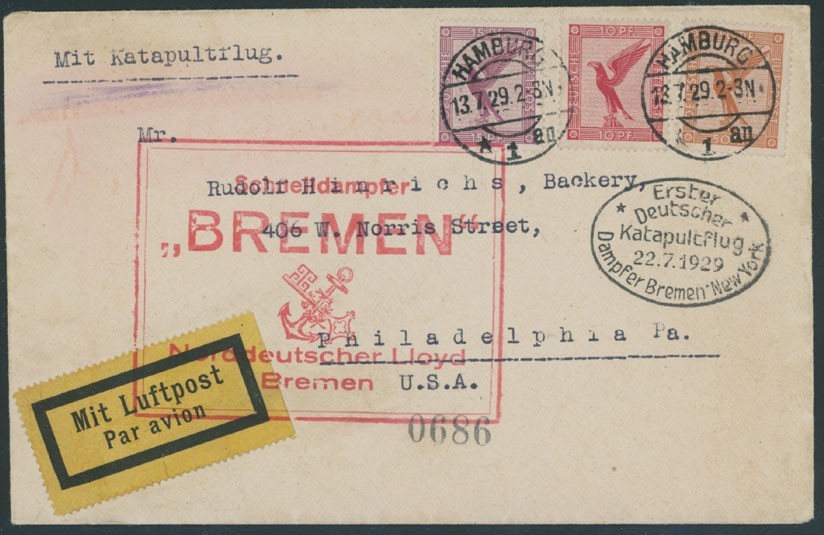 1929, GERMANY BREMEN CATAPULT FLIGHT COVER TO PHILADELPHIA, 3 STAMPS FRANKING
