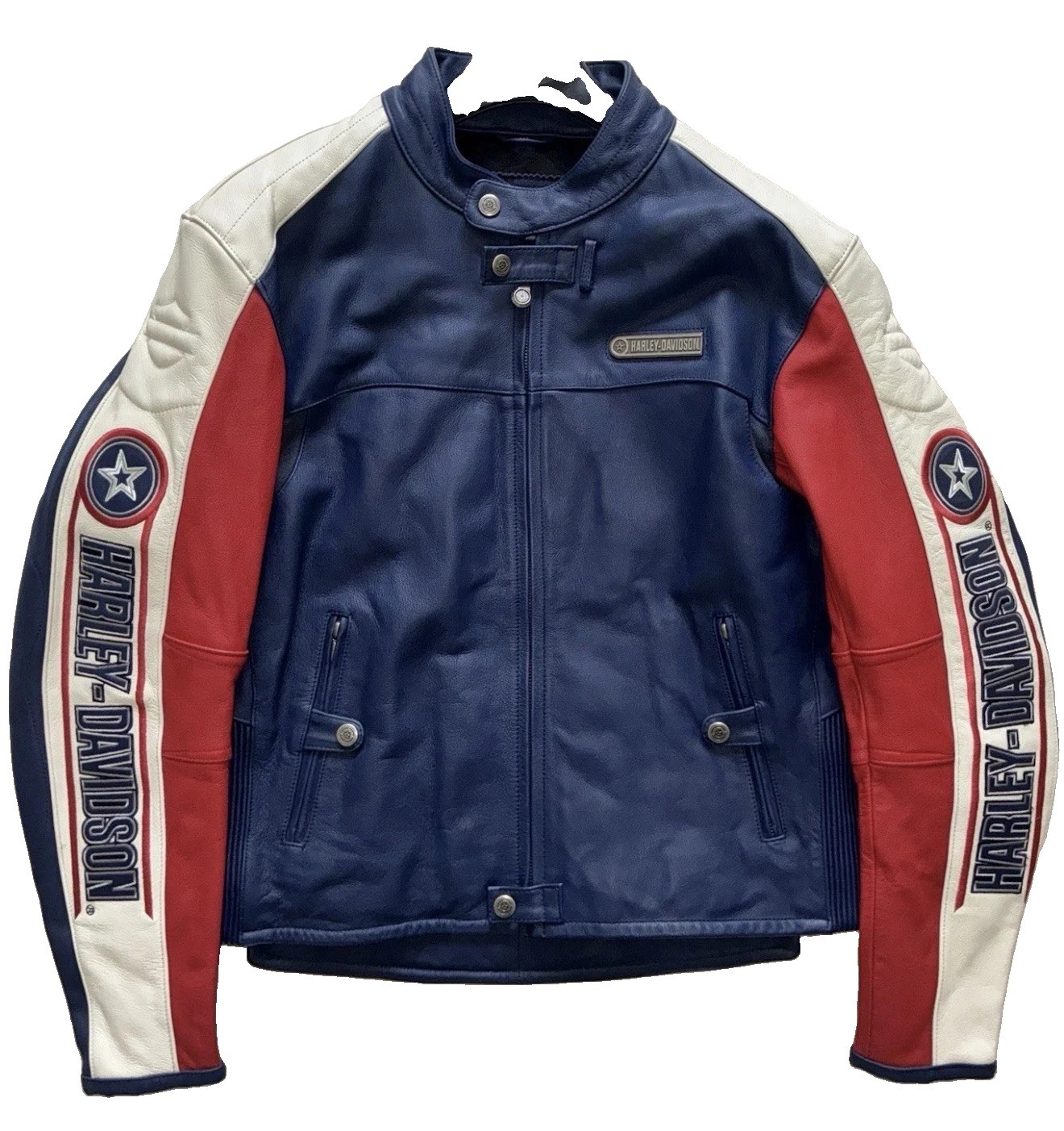 Harley Davidson Rapid City Leather Biker Jacket  M Men’s Red White Blue Star