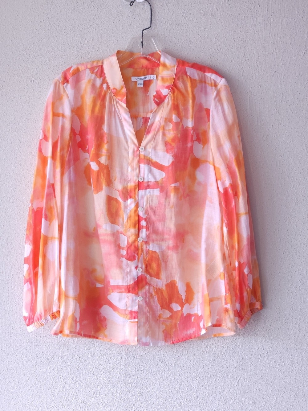 Chico\'s Pink, Coral & Orange Watercolor Button-Front Blouse Chico\'s Size 1.5