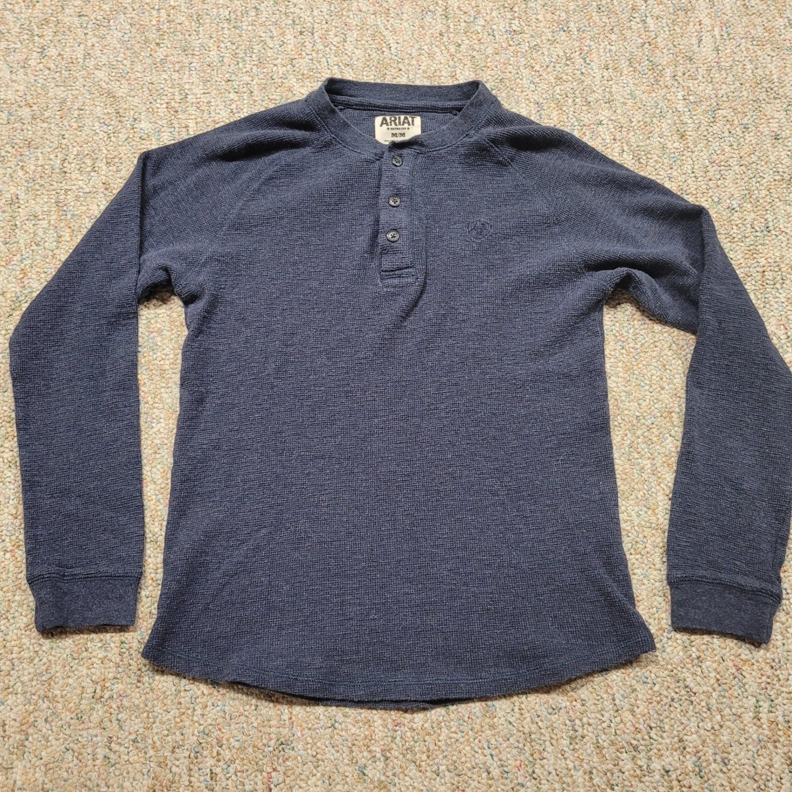 Ariat Shirt Mens Medium Blue Henley Retro Fit Waffle Knit Thermal Casual Outdoor