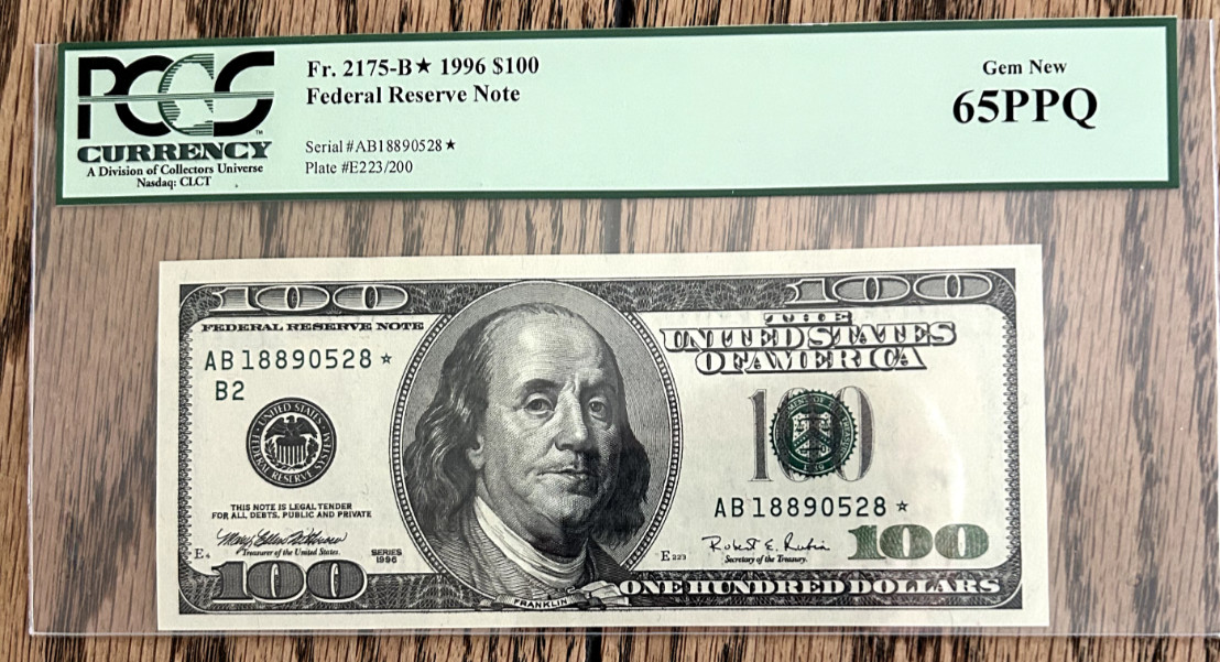 1996 Star $100 Fed Res Note New York F-2175-B* PCGS 65 PPQ S/N AB18890528* 1996 Star $100 Fed Res Note New York F-2175-B* PCGS 65 PPQ S/N AB18890528*