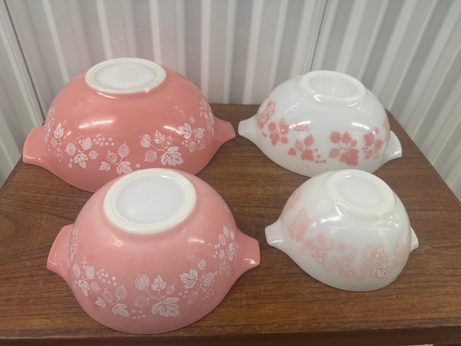 Vintage Pyrex Gooseberry Cinderella Mixing Bowls Pink White Milk Glass Set of 4