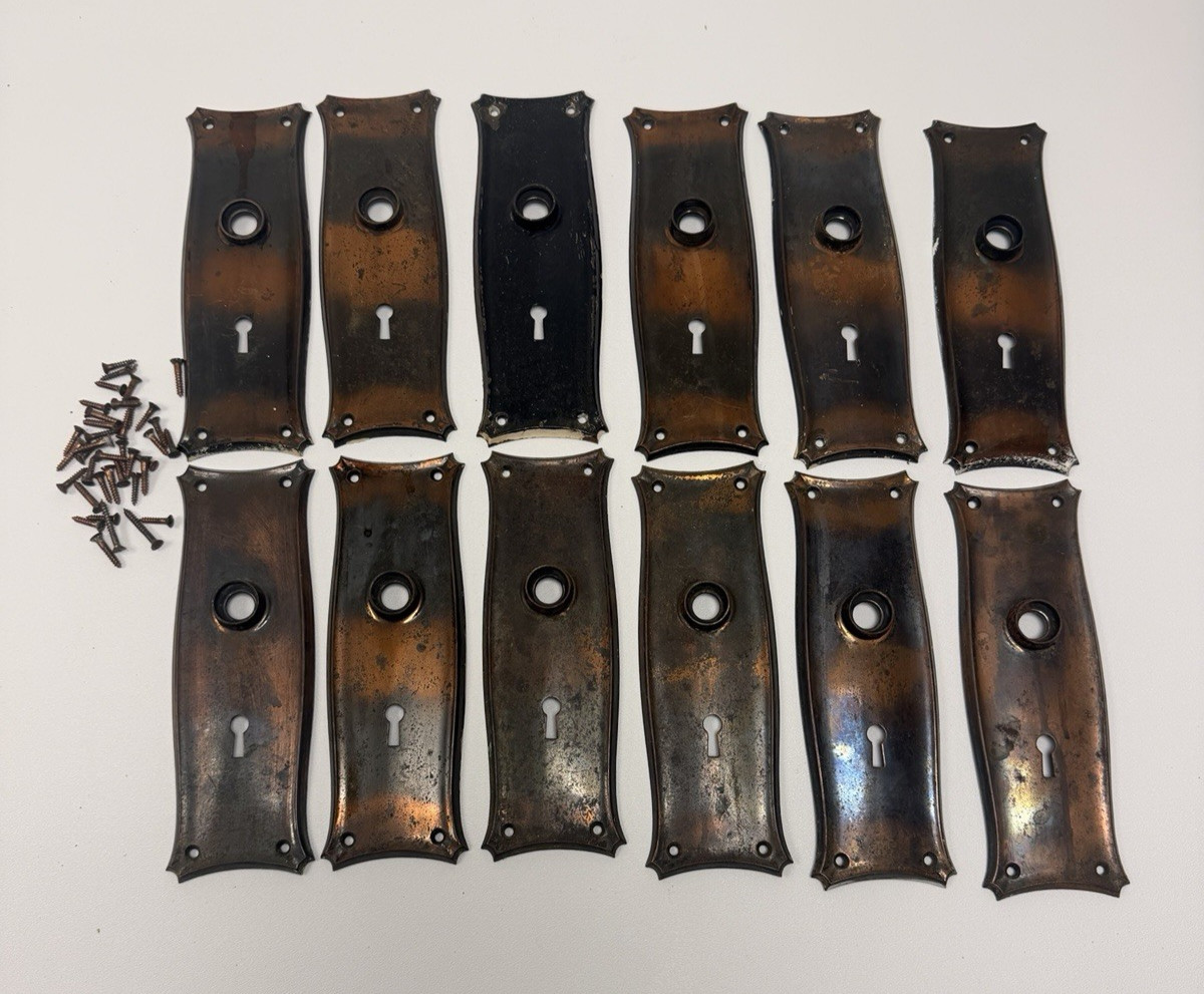 (12) Antique Door Knob Keyhole Back Plate Japanned Copper Flashed 7.75 X 2.5”