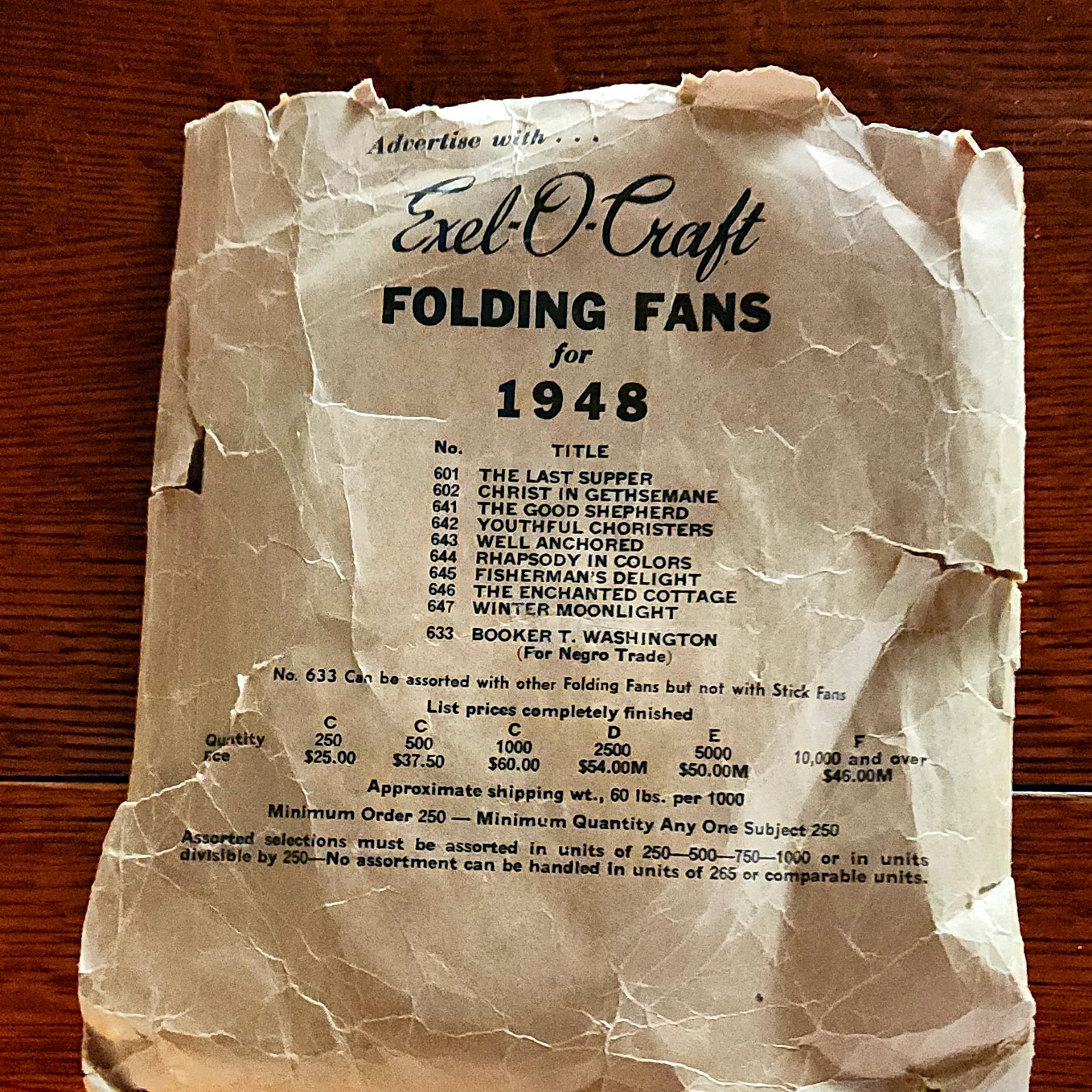 Vintage 1948 Exel-O-Craft Fan package of 10 fans with Booker T Washington.