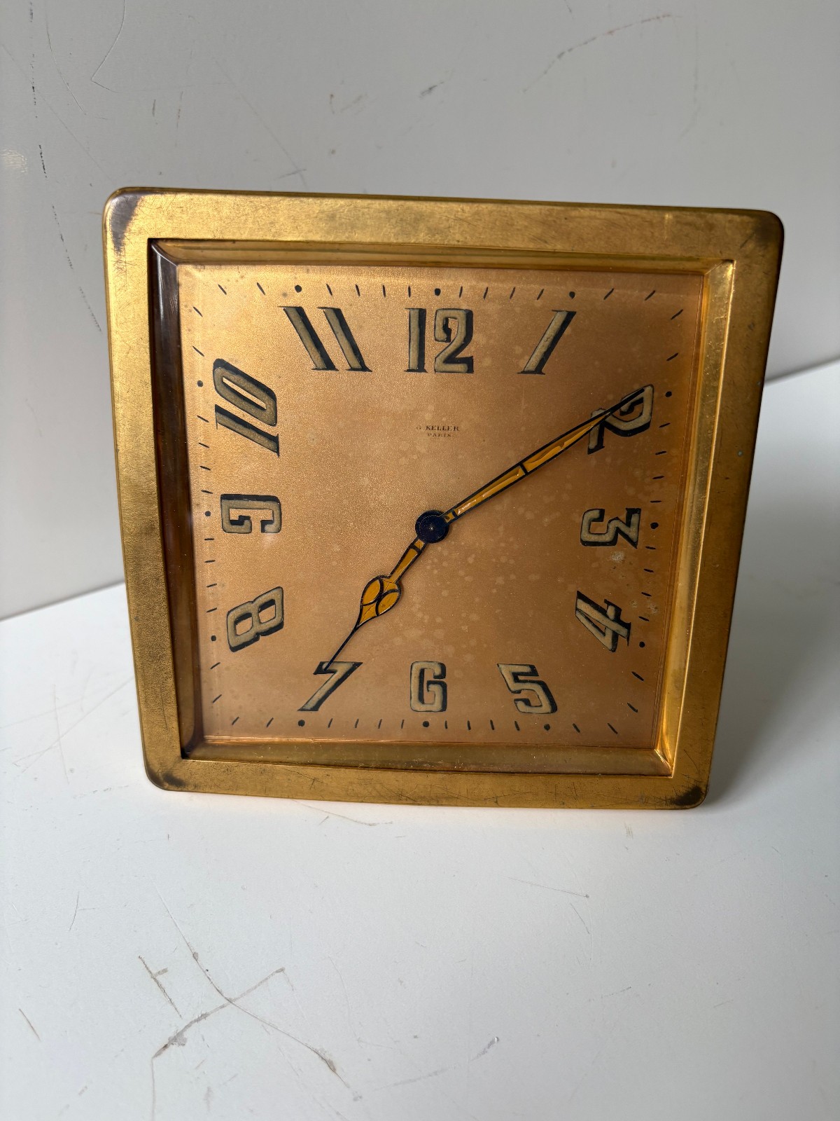 G. Keller, Paris Antique Brass Desk Clock Easel Back Stained Glass Hands Deco G. Keller, Paris Antique Brass Desk Clock Easel Back Stained Glass Hands Deco