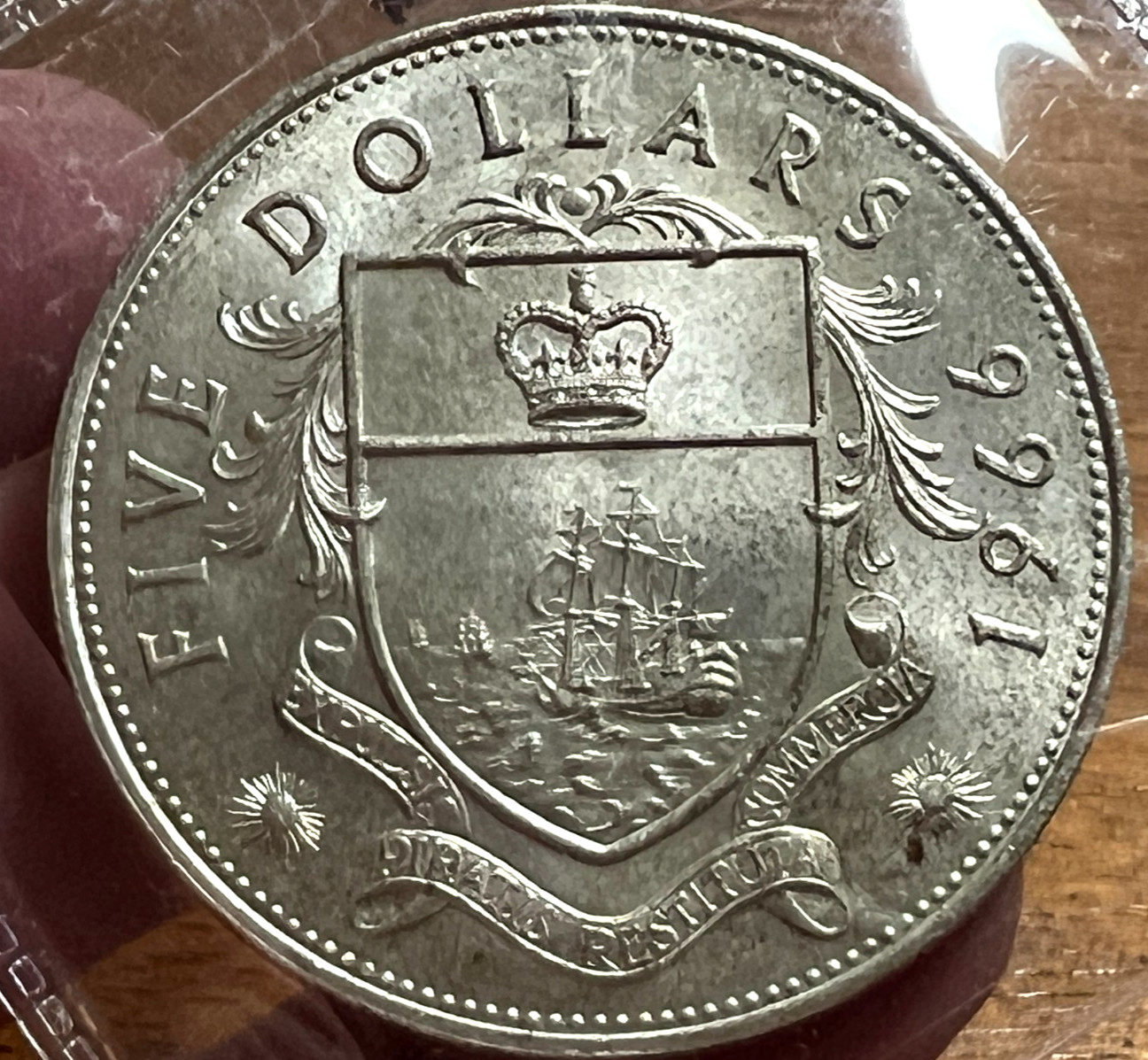 1966 BAHAMAS SILVER FIVE DOLLAR CROWN BRILLIANT UNCIRCULATED 1.25 OZ ASW