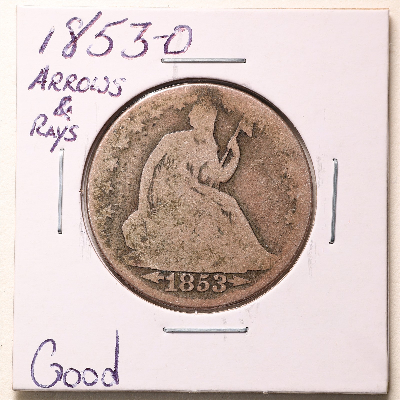 1853-O Arrows & Rays 50C Seated Liberty Half Dollar in Good Condition #7533