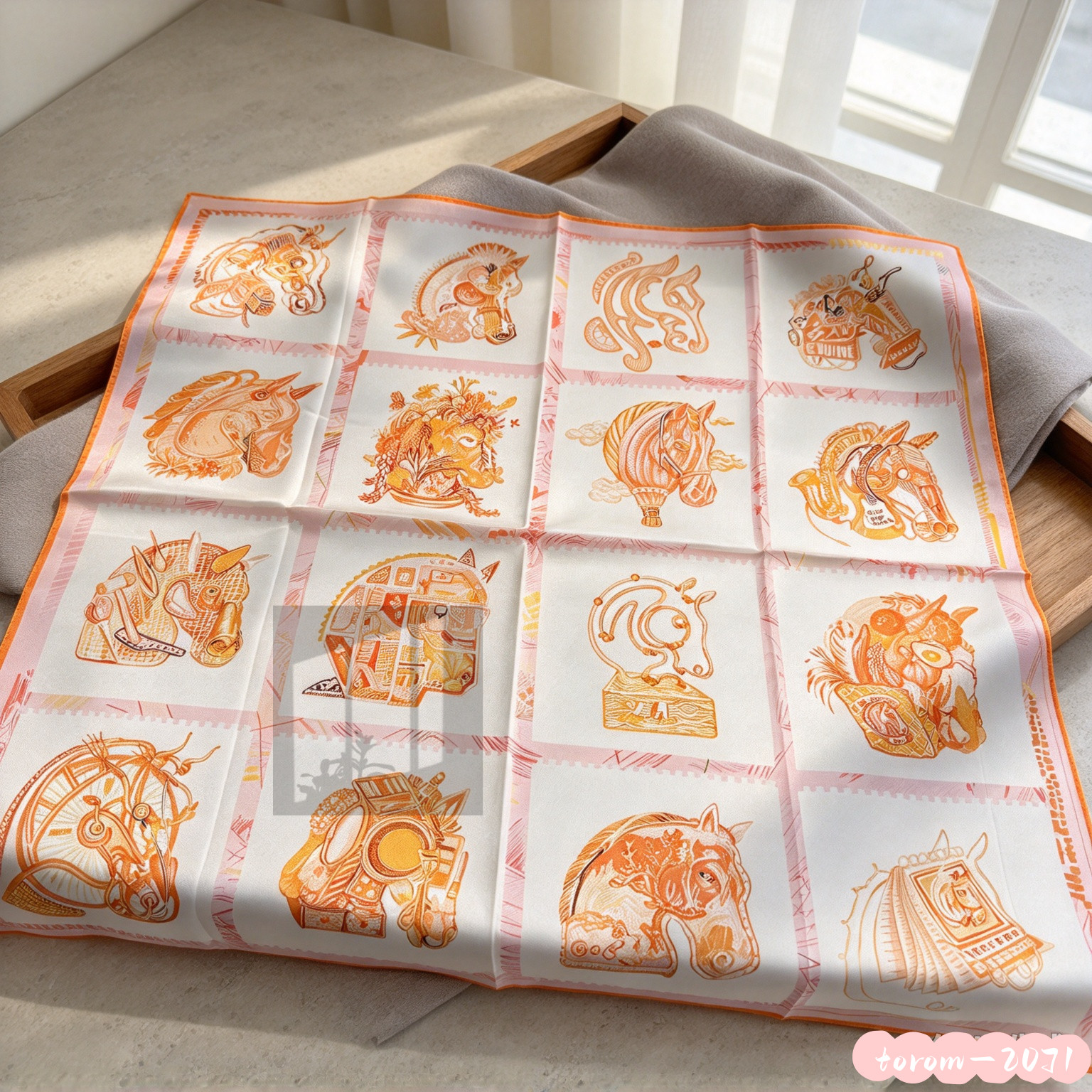 Hermès Orange horse pattern Square silk scarf 35*35in Hermès Orange horse pattern Square silk scarf 35*35in