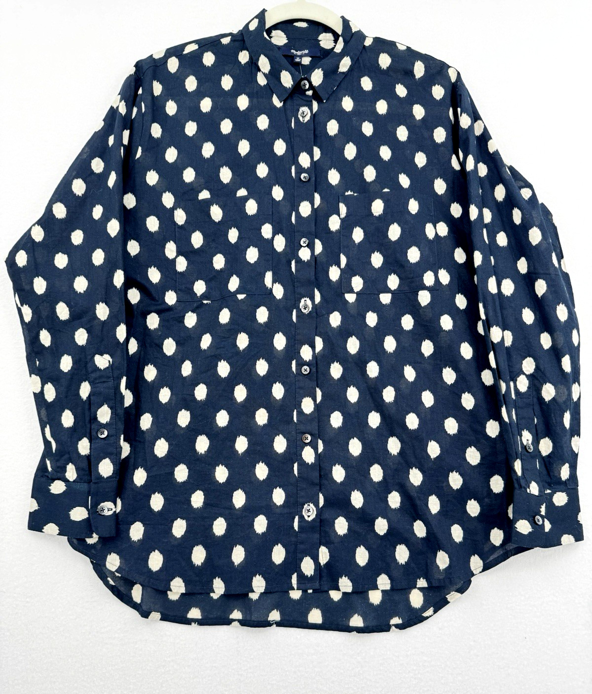 Madewell Navy Blue Polka Dot Cotton Button Front Shirt Coastal Preppy Size M NWT