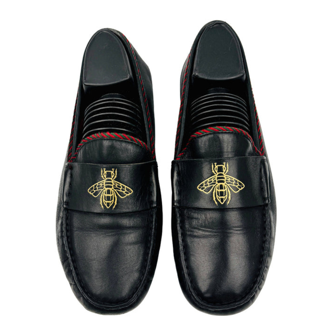 Gucci Bee Gold Embroidered Driving Loafers Black Leather Web Trim Shoes EU 41
