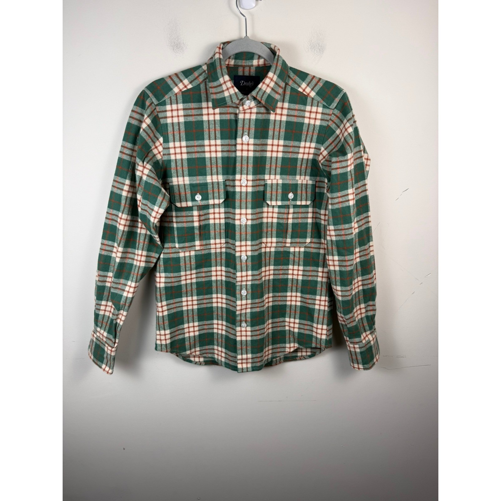 Drakes Somerset England Green Plaid Flannel Button Down Slub Small Drakes Somerset England Green Plaid Flannel Button Down Slub Small