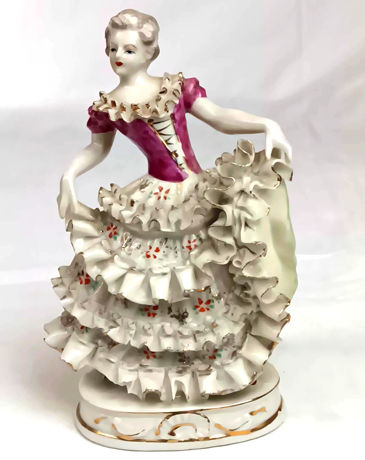 Vintage Dresden-Style Porcelain Lace Lady Figurine Ruffled Dress Hand-painted Vintage Dresden-Style Porcelain Lace Lady Figurine Ruffled Dress Hand-painted