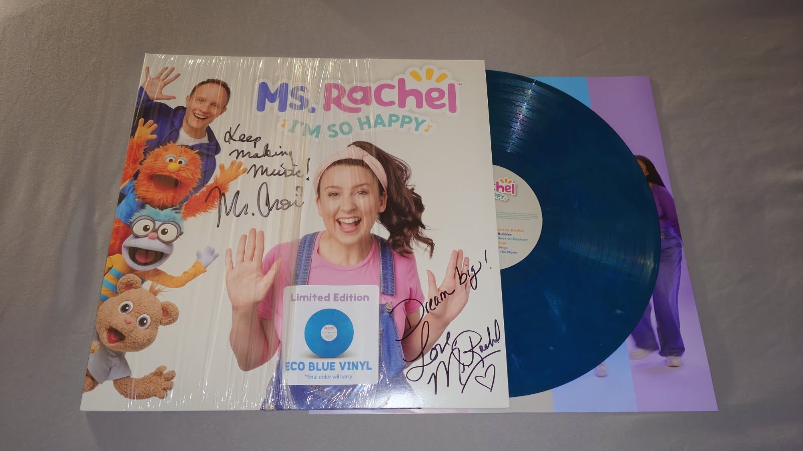 Signed LP Ms. Rachel I'm So Happy Mr. Aron Eco Blue Vinyl Autographed Record
