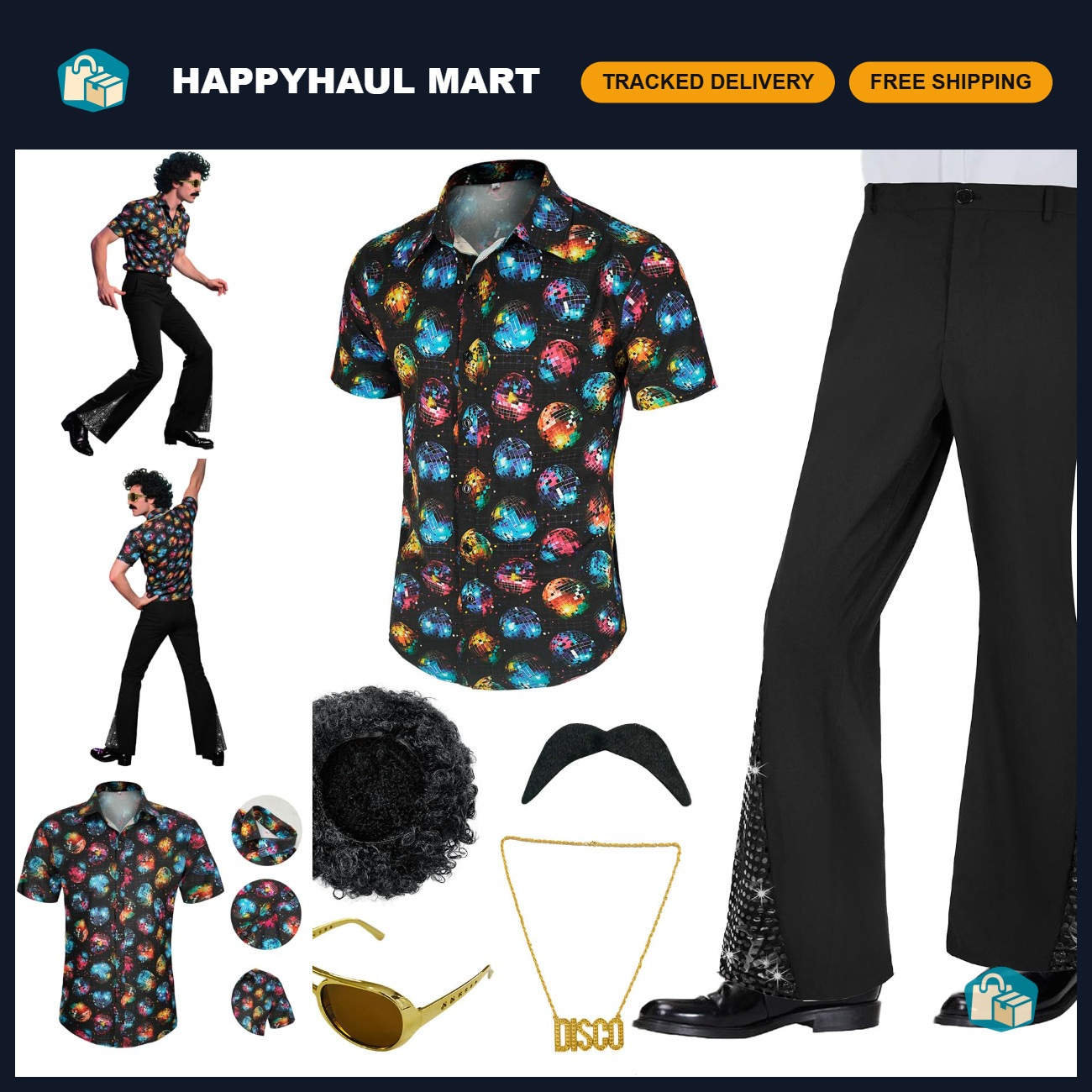 Retro 70s Men\'s Disco Costume Set - 6 Pieces with Accessories for Parties Retro 70s Men\'s Disco Costume Set - 6 Pieces with Accessories for Parties