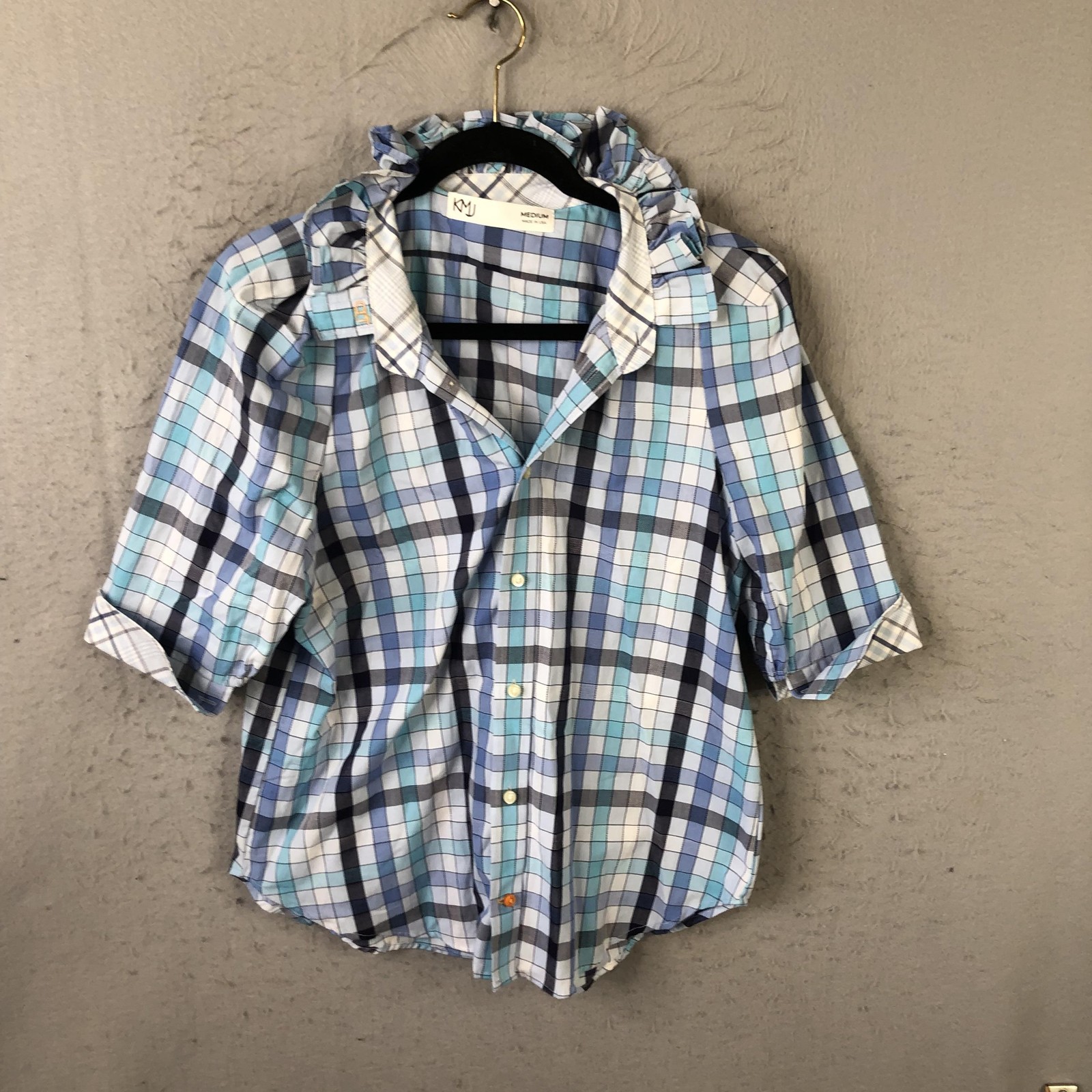 KMJ Shirt Womens M Blue Plaid Ruffle Collar 3/4 Sleeve Button Front Casual