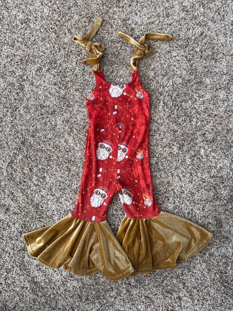 Girls\' Flare Leg Jumpsuit 12/18M Red Gold Christmas Santa Ribbed Velvet