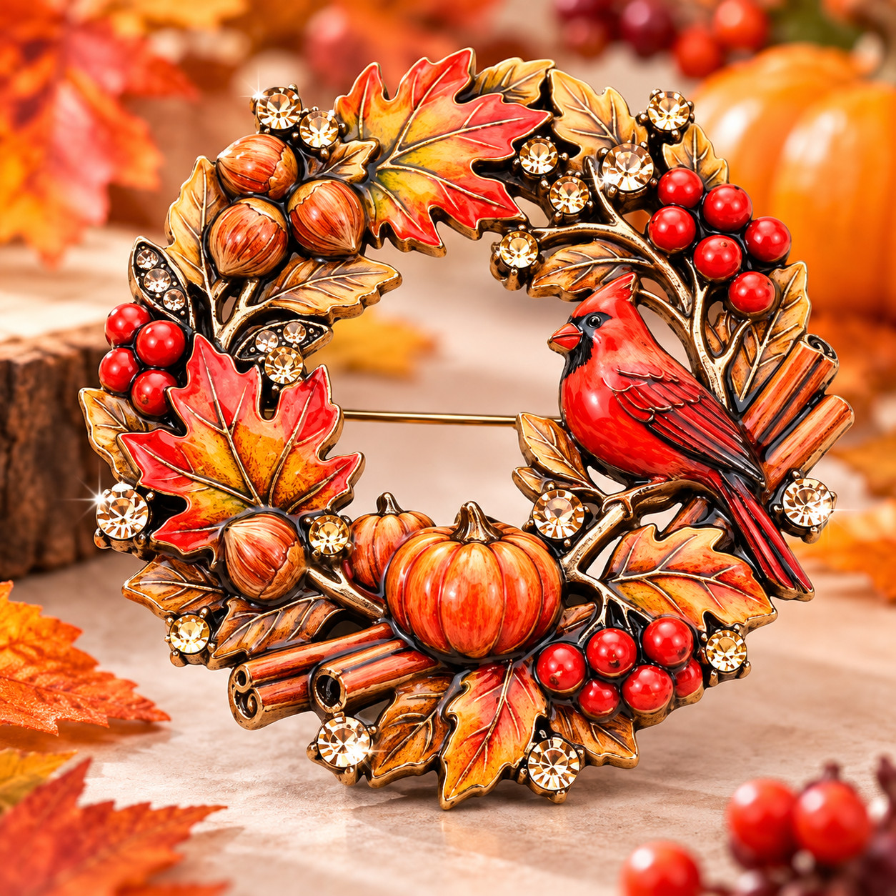 Vintage Christmas Wreath Brooch Pumpkin Red Rhinestone Cardinal Fall Pin Jewelry