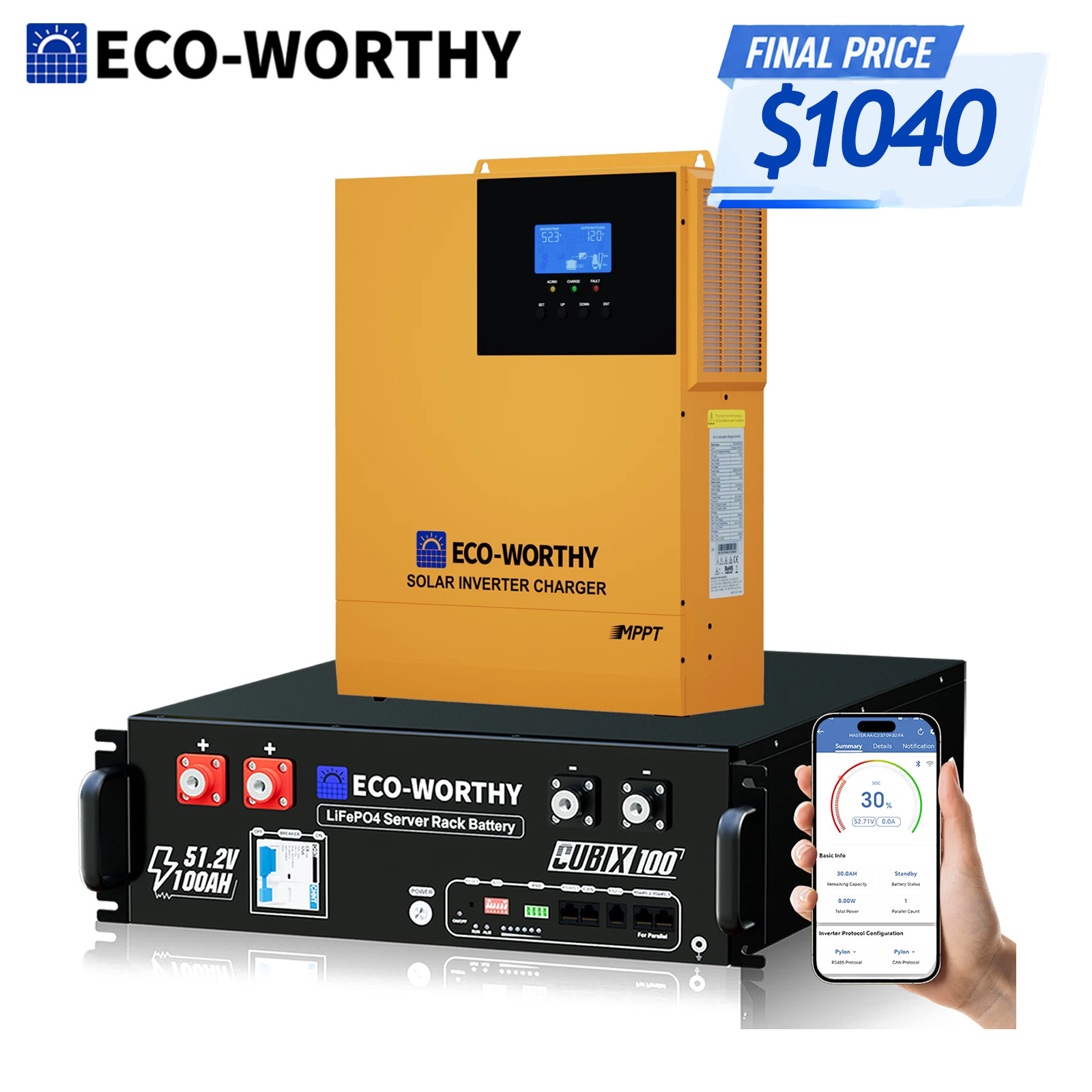 ECO-WORTHY Home Backup Power 48V 100Ah LiFePO4+3500W 48V Hybrid Inverter