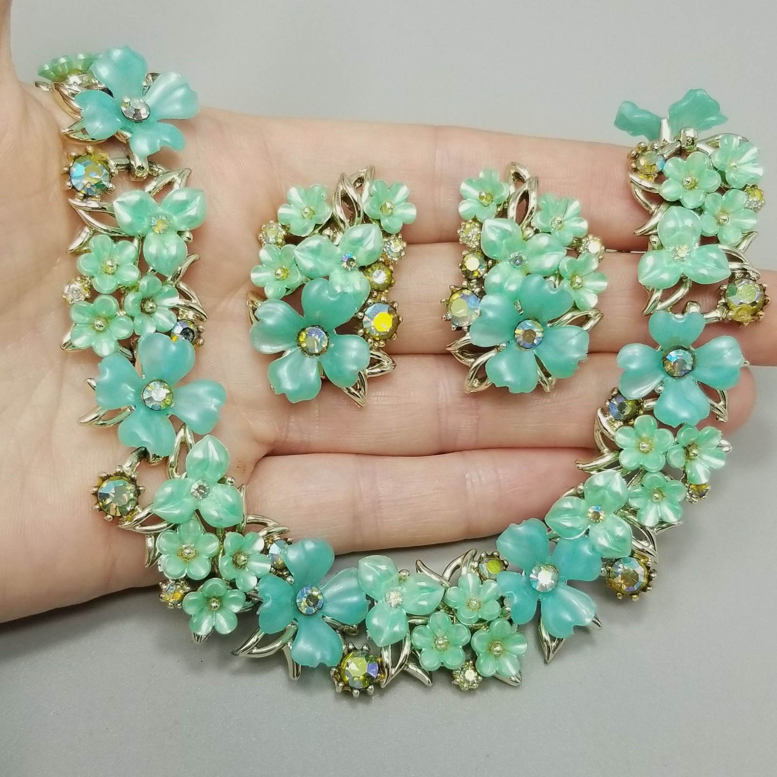 Vintage ART Signed Blue Green Rhinestone Flower Necklace Clip On Earring Set Vintage ART Signed Blue Green Rhinestone Flower Necklace Clip On Earring Set