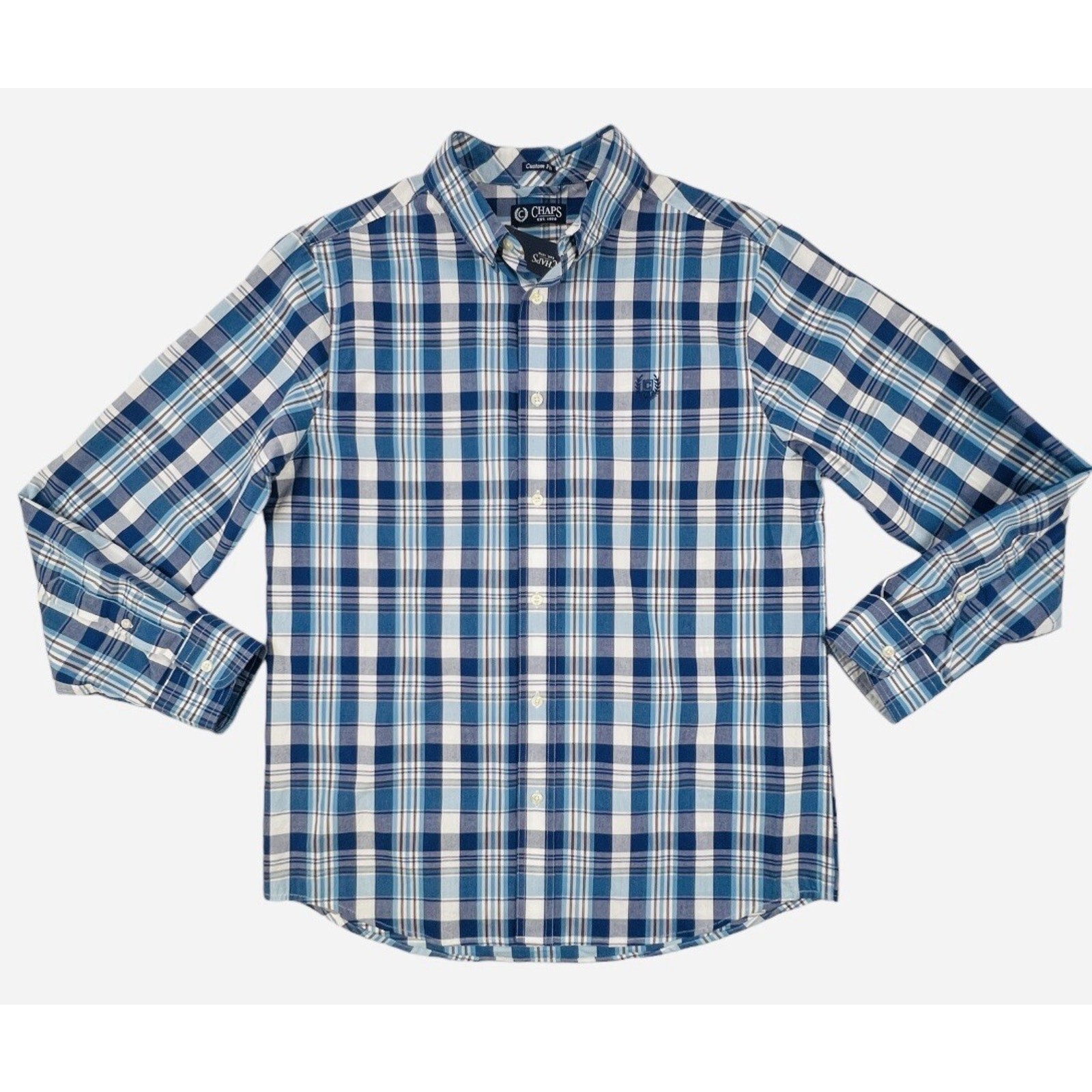 Chaps Saratoga Shirt Mens Large Blue White Plaid Long Sleeve Button Down