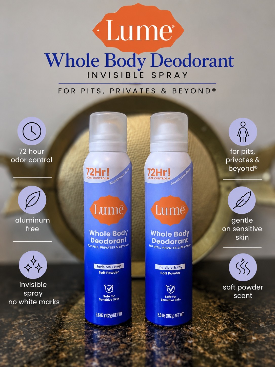 Lume Whole Body Deodorant Invisible Spray Soft Powder 3.6 oz 2 Pack 72HR