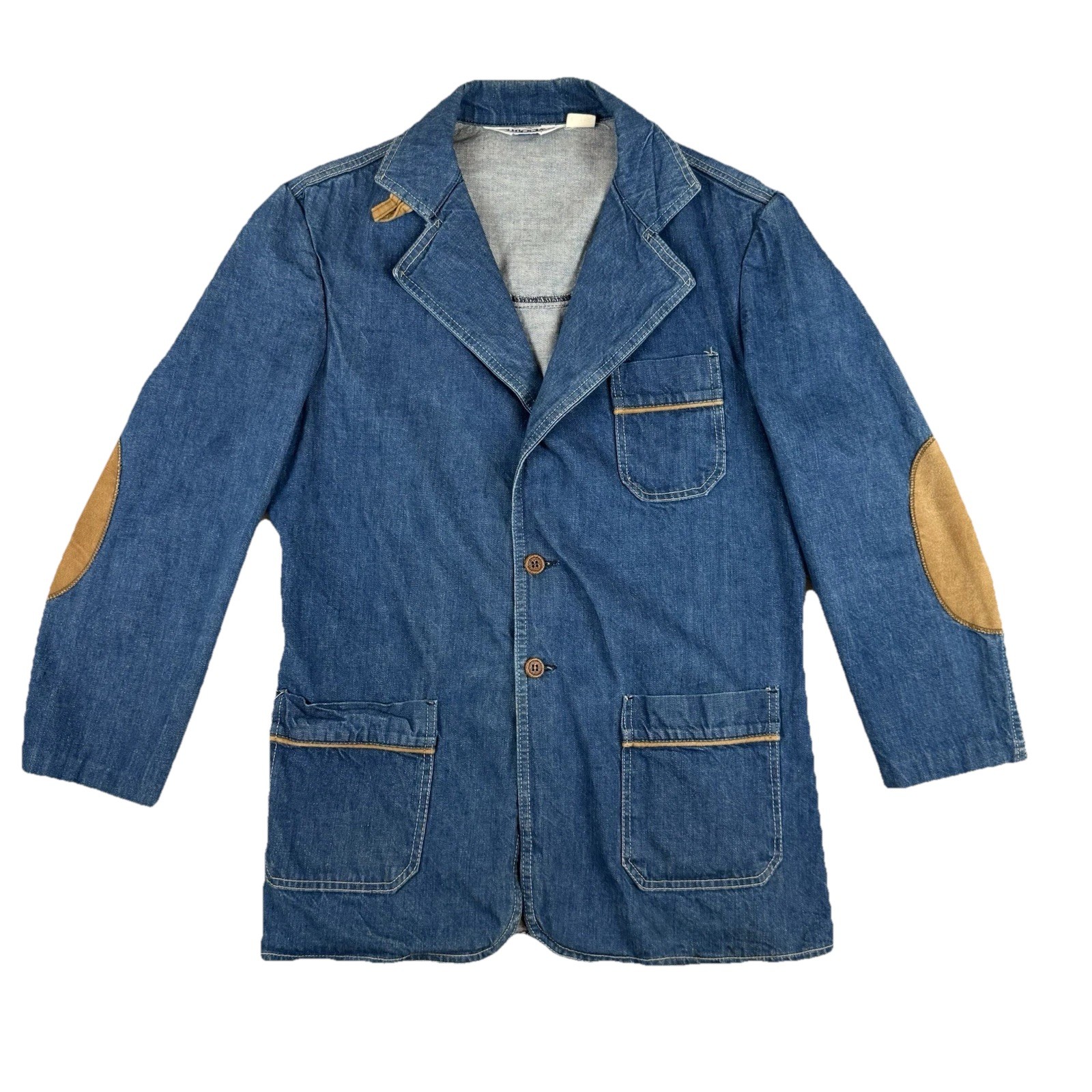 Outlooks Blue 70s Vtg Denim Jacket Womens Sz L Elbow Patches Tailored Buckle USA