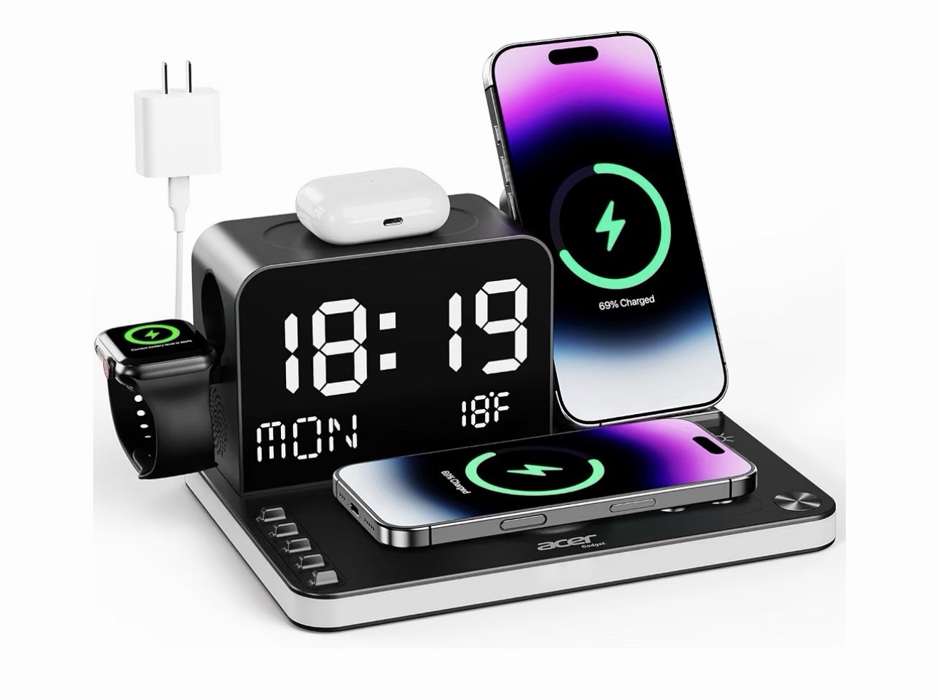 Acer 7-in-1 Qi Wireless Charging Station Stand w/ LED Clock Temp, USB-C/A