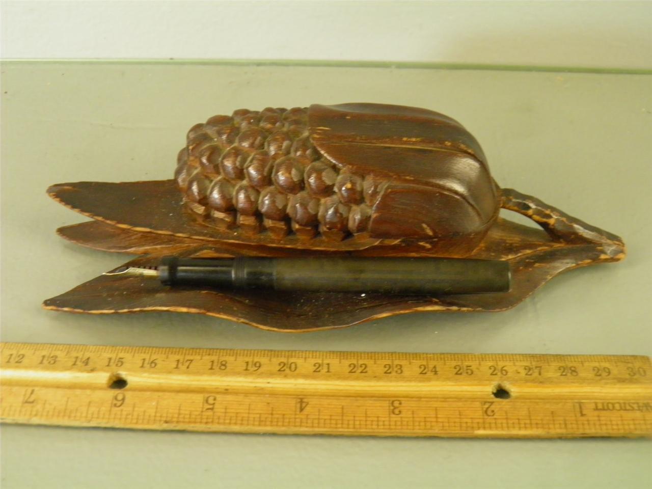 ANTIQUE VICTORIAN HAND CARVED WOOD INKWELL PEN HOLDER BLACK FOREST