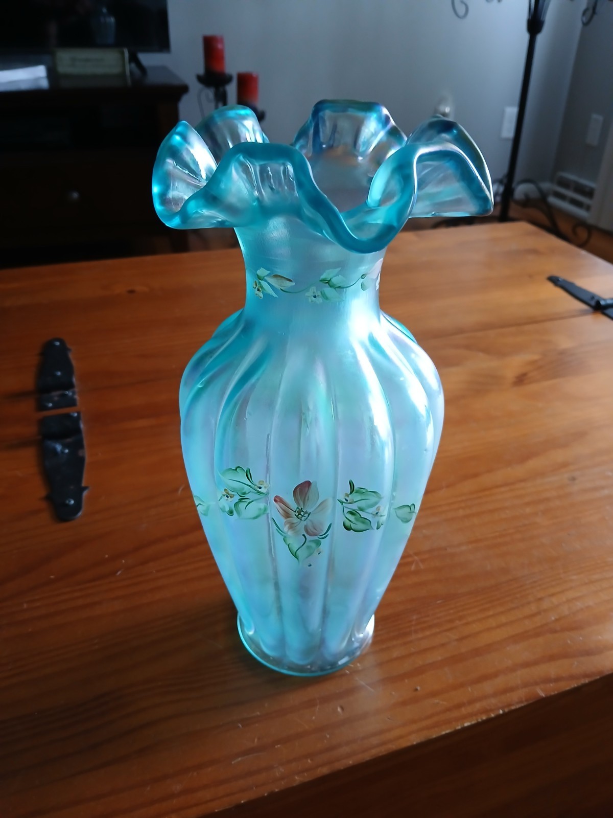 Fenton Baby Blue Art Glass Vase Hand Painted Floral Ruffled Rim Signed Fenton Baby Blue Art Glass Vase Hand Painted Floral Ruffled Rim Signed