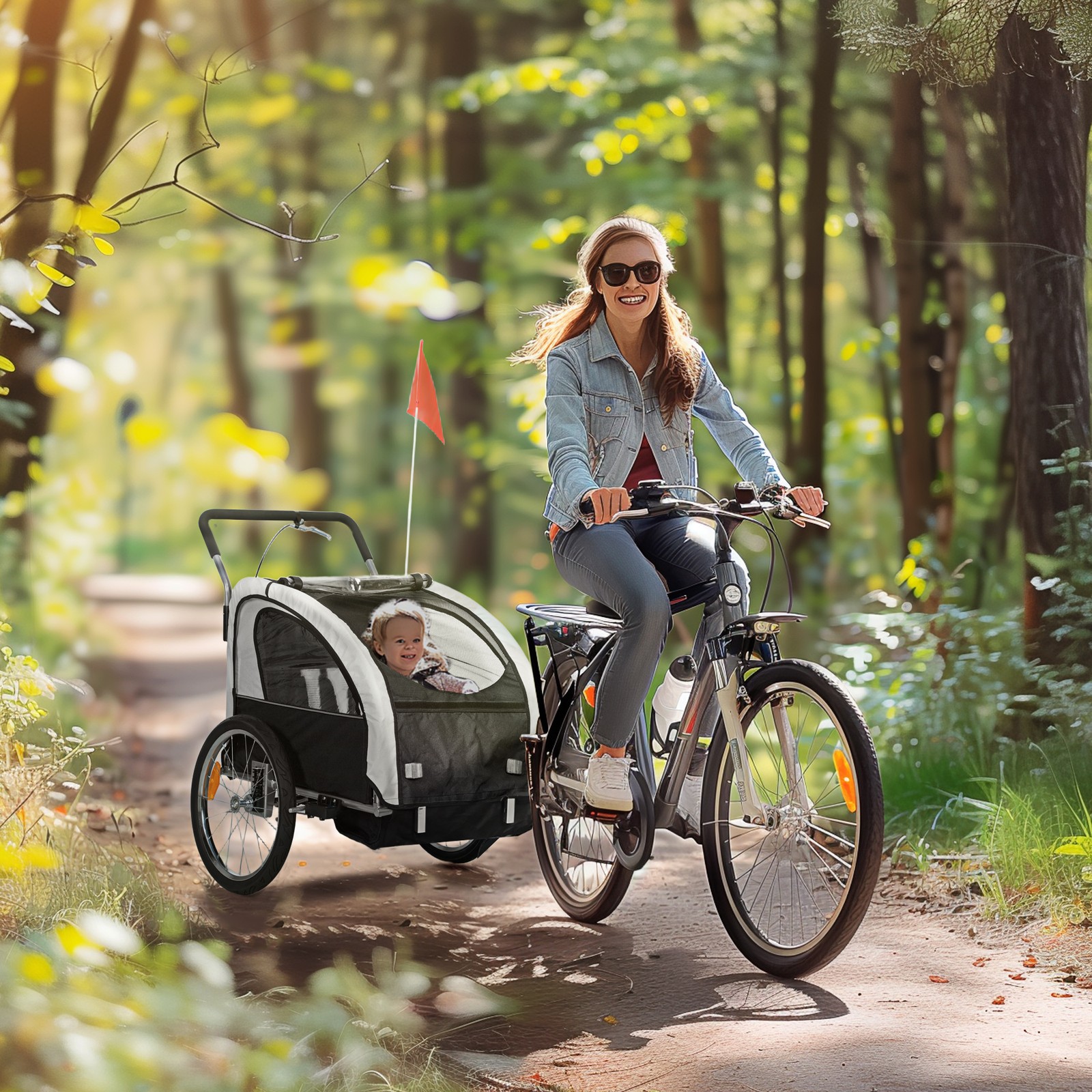 2-Seat Kid Bicycle Trailer with Windows and Canopy Coupler Attachment, Black