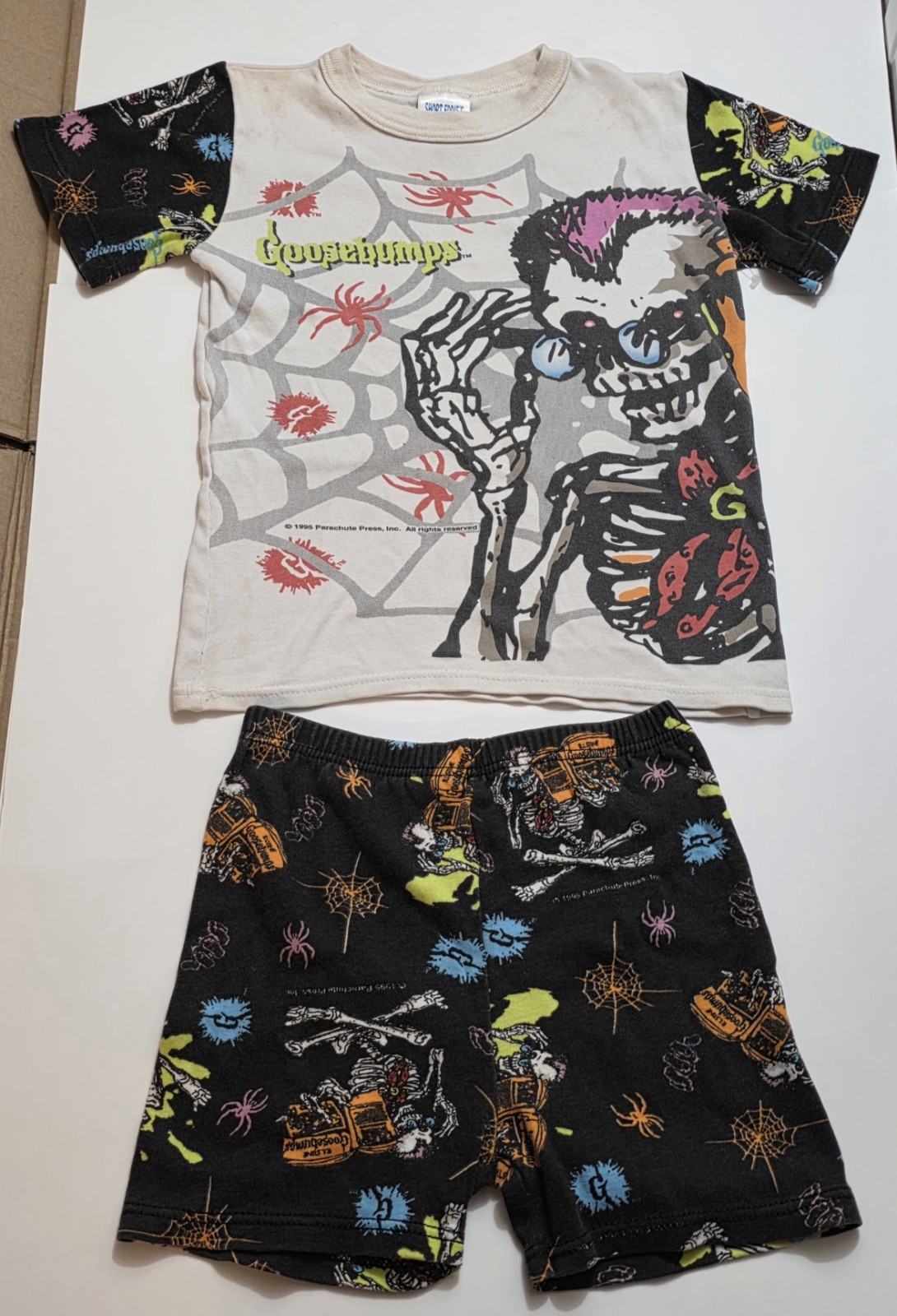 Vtg Goosebumps Curly Shirt shorts Set 1995 Kids Size 8 Spider RL Stine 90s- flaw
