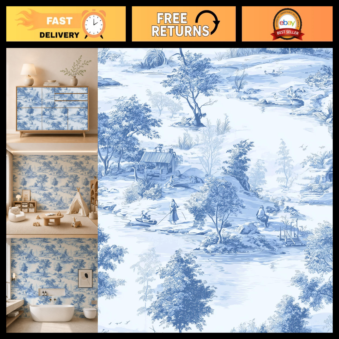 Blue & White Chinese Landscape Peel and Stick Wallpaper Mural, 118 Blue & White Chinese Landscape Peel and Stick Wallpaper Mural, 118
