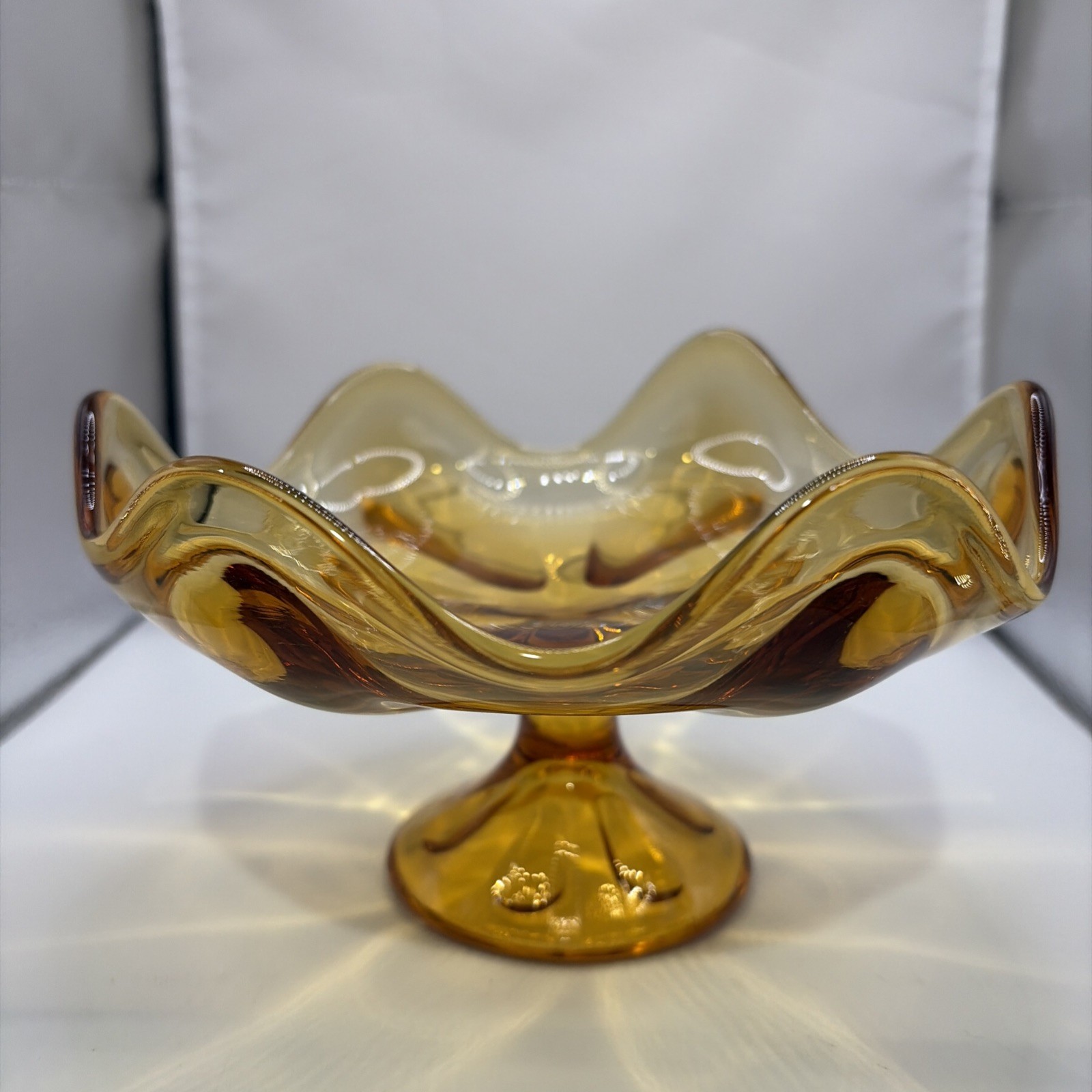 VTG Viking Amber Glass Six Petal Footed Pedestal Compote Candy Dish MCM 7”